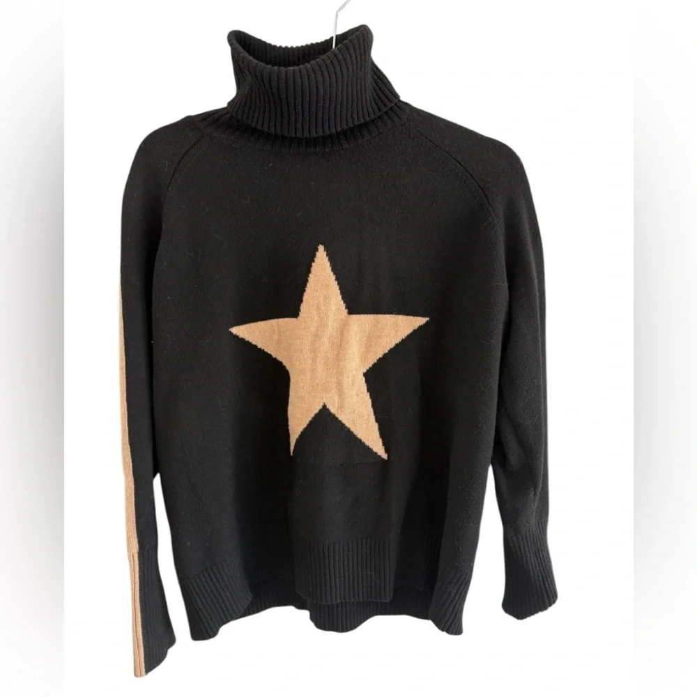 Nordstrom rack black turtleneck sweater with tan star and trim - Picture 2 of 7